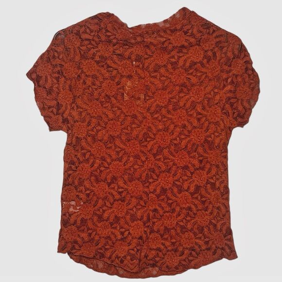 Natural Life NEW Rust Floral Lace Sheer Short Sleeve Top Stretchy Boho Size L - Picture 3 of 5